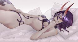 Rule 34 | 1girl, bed sheet, bleach, breasts, cosplay, covered erect nipples, demon girl, demon horns, doubleragnarok, fate/grand order, fate (series), female masturbation, fusion, highres, horns, kuchiki rukia, lying, masturbation, masturbation through clothes, medium breasts, medium hair, nipples, on back, on bed, on pillow, oni, pillow, purple eyes, purple hair, revealing clothes, shuten douji (fate), shuten douji (fate) (cosplay), skin-covered horns, used tissue