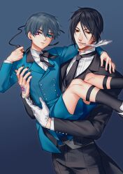 Rule 34 | 2boys, black footwear, black hair, black jacket, black nails, black necktie, black pants, black ribbon, blue background, blue eyes, blue hair, blue jacket, blue shorts, buttons, carrying, carrying person, ciel phantomhive, closed mouth, collared shirt, dark blue hair, eyepatch, gloves, goth fashion, gradient background, hand on another&#039;s shoulder, hand tattoo, height difference, heterochromia, highres, holding eyepatch, jacket, kuroshitsuji, male focus, mouth hold, multiple boys, necktie, pants, purple eyes, red eyes, ribbon, sebastian michaelis, shirt, short hair, shorts, smile, striped clothes, striped shirt, tattoo, thigh strap, vertical-striped clothes, vertical-striped shirt, white gloves, white shirt, yuu+1