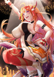 Rule 34 | 1girl, :d, ahoge, armband, armpits, bare shoulders, blunt bangs, bow, breasts, dragon girl, dragon horns, dragon tail, dutch angle, gloves, highres, hololive, horn bow, horn ornament, horns, idol, kiryu coco, large breasts, leg up, long hair, looking at viewer, open mouth, orange hair, pointy ears, red eyes, red thighhighs, smile, solo, spotlight, tail, taut clothes, thighhighs, virtual youtuber, white gloves, zaregoto tsukai no deshi