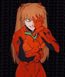 Rule 34 | 1girl, absurdres, angry, black background, blood, blood on face, blue eyes, bodysuit, bracer, cowboy shot, crazy eyes, the end of evangelion, furious, hair ornament, hair over one eye, hairclip, highres, injury, long hair, looking at viewer, multicolored bodysuit, multicolored clothes, neon genesis evangelion, one eye covered, orange bodysuit, orange hair, pilot suit, plugsuit, red bodysuit, roru (lol dessin), ryona, solo, souryuu asuka langley, standing, turtleneck, v-shaped eyebrows, wide hips