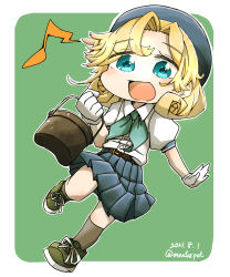 Rule 34 | 1girl, absurdres, aoba (akibajun), artistic error, beret, black skirt, blonde hair, blue eyes, blue hat, commentary request, dated, dress shirt, gloves, hat, highres, janus (kancolle), kantai collection, lunchbox, official alternate costume, open mouth, pleated skirt, puffy sleeves, shirt, short hair, short sleeves, skirt, solo, white gloves, white shirt