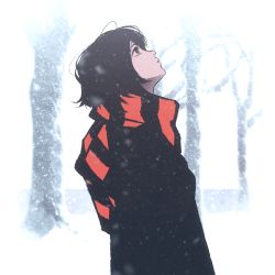 Rule 34 | 1girl, black coat, black eyes, black hair, black scarf, bob cut, coat, forest, from side, hair strand, looking up, messy hair, moshimoshibe, nature, original, profile, red scarf, scarf, short hair, snow, snowing, solo, standing, striped, tree, white background