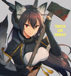 Rule 34 | 1girl, animal ears, axe, black coat, black gloves, black hair, closed mouth, coat, elbow gloves, fake animal ears, fang, fang out, gloves, grey background, hair between eyes, halloween, headgear, holding, holding axe, kantai collection, kasumi (skchkko), long coat, long hair, nagato (kancolle), nagato kai ni (kancolle), partially fingerless gloves, red eyes, simple background, smile, solo, tail, trick or treat, wolf ears, wolf tail