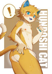 Rule 34 | !, 1boy, :3, absurdres, androgynous, animal ears, ass, blue eyes, blush, body fur, bulge, cat boy, cat ears, cat tail, claws, cr24, fang, from side, fundoshi, furry, furry male, highres, japanese clothes, male focus, multicolored fur, nipples, open mouth, original, pawpads, solo, spoken exclamation mark, tail, thighs, topless male, wedgie, wet