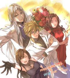 Rule 34 | 2boys, 2girls, advent-lezard, aerith gainsborough, ascot, bare shoulders, black dress, black gloves, blonde hair, blue ascot, blue eyes, bouquet, breasts, brown eyes, brown hair, closed eyes, cloud strife, crossed arms, dress, final fantasy, final fantasy vii, final fantasy vii remake, flower, formal, from above, gloves, grey hair, grey sweater, hair between eyes, hair flower, hair ornament, halter dress, halterneck, highres, holding, holding bouquet, holding party popper, jacket, jewelry, long bangs, long dress, long hair, long sleeves, looking at viewer, medium breasts, multiple boys, multiple girls, necklace, one eye closed, open mouth, outstretched hand, pants, parted bangs, party popper, red dress, red flower, red footwear, sephiroth, short hair, sidelocks, sleeveless, sleeveless dress, smile, spiked hair, straight hair, suit, suit jacket, sweater, tifa lockhart, turtleneck, turtleneck sweater, wavy hair, white footwear, white jacket, white pants, white suit
