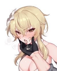 Rule 34 | 1boy, 1girl, blonde hair, blush, breasts, cleavage, cum, cum in mouth, flower, genshin impact, gloves, hair between eyes, hair flower, hair ornament, hand on another&#039;s chin, highres, ia (ias1010), lumine (genshin impact), tartaglia (genshin impact), tears, white background, yellow eyes