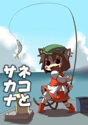 Rule 34 | 1girl, animal ears, bandages, bandage on face, belly, blush stickers, brown hair, bucket, cat ears, chen, fish, fishing, fishing rod, hat, midriff, multiple tails, navel, open mouth, short hair, tail, touhou, two tails, zannen na hito