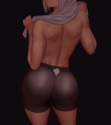 Rule 34 | 1girl, absurdres, ass, ass focus, back, bad id, bad pixiv id, black background, boku no hero academia, cowboy shot, dark-skinned female, dark skin, from behind, head out of frame, highres, holding, holding towel, long hair, mirko, muscular, rabbit tail, shiny clothes, silver hair, simple background, skin tight, smirk, tail, tan, thighs, toned, towel, towel around neck, underwear, zaki (zaki btw)