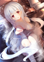 Rule 34 | 10s, 1girl, :o, blush, breast hold, breasts, brown eyes, collarbone, convenient censoring, hair censor, highres, kantai collection, knees together feet apart, knees up, long hair, looking at viewer, nude, onsen, partially submerged, shoukaku (kancolle), silver hair, solo, toine hoko, wet