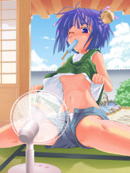 Rule 34 | 1girl, blue eyes, blue hair, breasts, clothes lift, electric fan, food, kanata daiki, matching hair/eyes, midriff, mouth hold, navel, open fly, original, popsicle, shirt lift, short hair, shorts, sitting, small breasts, solo, underboob, unzipped