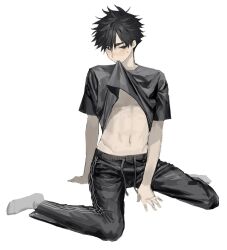 Rule 34 | 1boy, bad id, bad twitter id, black eyes, black hair, black pants, black shirt, blush, clothes lift, go haejun, highres, korean commentary, lifting own clothes, male focus, mouth hold, no home (manhwa), pants, shirt, shirt lift, short sleeves, simple background, socks, solo, sweat, track pants, white background, white socks