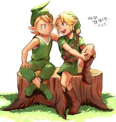Rule 34 | 2boys, bad id, bad twitter id, bbrangka, blonde hair, blue eyes, boots, child, grass, hat, korean text, link, mido (zelda), multiple boys, nintendo, pointy ears, simple background, sitting, sleeveless, smile, text focus, the legend of zelda, the legend of zelda: ocarina of time, translation request, tree stump, tunic, white background, young link
