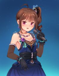Rule 34 | 1girl, absurdres, ahoge, black gloves, blue dress, blush, breasts, cleavage, collarbone, dress, drill hair, earrings, elbow gloves, gloves, highres, holding, holding microphone, idolmaster, idolmaster million live!, jewelry, kamille (vcx68), looking at viewer, medium breasts, microphone, necklace, parted lips, side drill, smile, solo, yokoyama nao