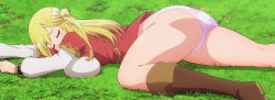 Rule 34 | 1girl, absurdres, blonde hair, blush, boots, breast press, breasts, closed eyes, enome, futoku no guild, highres, huge breasts, jacket, long hair, long sleeves, mature female, no pants, on floor, orange jacket, panties, pink panties, screencap, shirt, sidelocks, stitched, thigh boots, thighs, third-party edit, underwear, white shirt