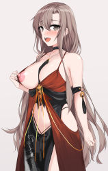 Rule 34 | 1girl, absurdres, blush, breasts, brown eyes, brown hair, dress, girls&#039; frontline, highres, hip vent, jewelry, long hair, looking at viewer, mod3 (girls&#039; frontline), necklace, nipples, official alternate costume, open mouth, scourer 14, simple background, smile, solo, type 97 shotgun (drunken petals) (girls&#039; frontline), type 97 shotgun (girls&#039; frontline)