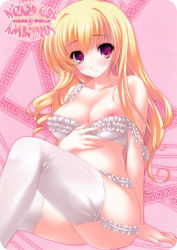 Rule 34 | 10s, 1girl, absurdres, areola slip, ayase hazuki, blonde hair, blush, bra, breasts, frills, furansowa kurea ashesu, garter straps, highres, large breasts, light smile, lingerie, long hair, nipple slip, nipples, off shoulder, open mouth, parted lips, pink eyes, solo, strap slip, thighhighs, underwear, underwear only, white thighhighs, wizard girl ambitious
