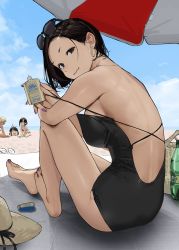 Rule 34 | 4girls, back, bare back, barefoot, beach, black one-piece swimsuit, blue sky, bottle, breasts, brown eyes, brown hair, closed mouth, cloud, commentary request, day, douki-chan (douki-chan), eyewear on head, from behind, ganbare douki-chan, hat, unworn hat, unworn headwear, highres, holding, holding bottle, shinjin-chan (douki-chan), kouhai-chan (douki-chan), large breasts, legs, light smile, looking at viewer, lotion bottle, multiple girls, nail polish, ocean, one-piece swimsuit, outdoors, parasol, red nails, sand, senpai-san (douki-chan), sitting, sky, smile, straw hat, sunlight, swimsuit, thighs, toenail polish, toenails, toes, umbrella, yomu (sgt epper)