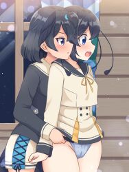 Rule 34 | 2girls, absurdres, black hair, black shirt, blue eyes, blue pants, blue sailor collar, blush, bob cut, closed mouth, clothes lift, commentary, commission, cropped jacket, frown, high-waist skirt, highres, indoors, jacket, kemono friends, lifting another&#039;s clothes, long sleeves, multiple girls, night, open mouth, panties, pants, panty pull, pleated skirt, pulling another&#039;s clothes, sailor collar, shiraha maru, shirt, short hair, skirt, skirt lift, standing, superb bird-of-paradise (kemono friends), underwear, western parotia (kemono friends), white jacket, white skirt, window, yuri