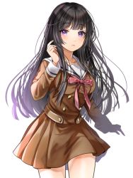 Rule 34 | 1girl, bad id, bad pixiv id, bang dream!, black hair, blunt bangs, blush, breasts, brown dress, buttons, cowboy shot, double-breasted, dress, hanasakigawa school uniform, hand up, long hair, long sleeves, looking at viewer, medium breasts, neck ribbon, outstretched arm, parted lips, pleated dress, purple eyes, red ribbon, ribbon, roko (pe0e07), sailor collar, sailor dress, school uniform, serafuku, shirokane rinko, short dress, sidelocks, simple background, solo, standing, white background, white sailor collar