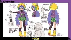 Rule 34 | 1girl, ahoge, alternate costume, asymmetrical legwear, black eyes, black undershirt, blush stickers, boots, character sheet, commentary request, creatures (company), crossover, fangs, fukomo, game freak, gen 1 pokemon, gloves, green neckerchief, green skirt, hair ornament, hair through headwear, hairclip, highres, kneehighs, leaf, low twintails, multicolored hair, neckerchief, nintendo, otomachi una, pantyhose, parody, partially colored, pink hair, pleated skirt, pokemon, project voltage, puff of air, purple hair, purple sailor collar, purple shirt, rubber boots, sailor collar, school uniform, serafuku, shirt, short sleeves, signature, single kneehigh, single leg pantyhose, single sock, skirt, socks, spiked gloves, streaked hair, translation request, twintails, uneven legwear, victreebel, vocaloid, white background, white gloves, yellow footwear