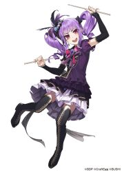 Rule 34 | 1girl, bang dream!, boots, detached sleeves, dress, drill hair, drumsticks, earrings, frilled dress, frills, full body, highres, holding, holding drumsticks, jewelry, kamameshi gougoumaru, layered dress, long hair, long sleeves, looking at viewer, medium hair, official art, open mouth, pink eyes, puffy short sleeves, puffy sleeves, purple dress, purple hair, short sleeves, standing, thigh boots, twin drills, twintails, udagawa ako
