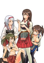 Rule 34 | 10s, 4girls, akagi (kancolle), akanbe, akizuki shigure, bandage on face, bandages, bare shoulders, black legwear, blue skirt, bowl, breast hold, breasts, brown eyes, brown gloves, brown hair, bruise, bruised eye, chopsticks, covering privates, covering breasts, crossed bandaids, eating, eyelid pull, food, food on face, gloves, grey eyes, grey hair, hair ribbon, hakama, hakama skirt, hand on another&#039;s head, hand on another&#039;s shoulder, headband, highres, injury, japanese clothes, kaga (kancolle), kantai collection, large breasts, long hair, multiple girls, muneate, partially fingerless gloves, partly fingerless gloves, pleated skirt, red hakama, red skirt, revision, ribbon, rice, rice bowl, rice on face, short hair, shoukaku (kancolle), side ponytail, single glove, skirt, tears, thighhighs, tongue, tongue out, torn clothes, torn legwear, torn skirt, transparent background, white legwear, white ribbon, yugake, zuikaku (kancolle)
