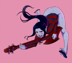 Rule 34 | 1girl, adventure time, artist name, bent over, black hair, black nails, blink3r, blush, bottomless, colored skin, fangs, female focus, full body, grey skin, holding, holding instrument, instrument, leaning forward, long hair, long sleeves, looking at viewer, marceline abadeer, nail polish, open mouth, pink background, pointy ears, red eyes, sandals, shirt, sidelocks, simple background, solo, striped clothes, striped shirt, thighs, toes, tongue, tongue out
