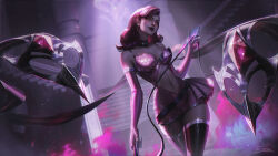 Rule 34 | 1girl, absurdres, alternate costume, artist name, breasts, claw (weapon), cleavage, commentary, earrings, emriikun, english commentary, evelynn (league of legends), eyeshadow, highres, indoors, jewelry, large breasts, league of legends, light, light particles, lipstick, looking at viewer, makeup, medium hair, mole, mole under eye, navel, parted lips, pink hair, pink skirt, skirt, smile, solo, stairs, standing, thigh strap, thighhighs, weapon, yellow eyes