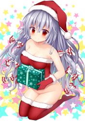 Rule 34 | 1girl, absurdres, alternate costume, bad id, bad pixiv id, bare arms, bare shoulders, blush, bottomless, bow, box, breasts, cleavage, collarbone, commentary request, fujiwara no mokou, fur-trimmed gloves, fur trim, gift, gift box, gloves, groin, hair between eyes, hair bow, hat, highres, holding, holding box, large breasts, long hair, looking at viewer, no shoes, red eyes, red gloves, red hat, red thighhighs, santa hat, seiza, silver hair, sitting, smile, solo, star (symbol), starry background, strapless, suigetsu (watermoon-910), thighhighs, thighs, touhou, tube top, very long hair, white bow