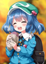 Rule 34 | 1girl, backpack, bag, black bag, blue hair, blue shirt, blue skirt, closed eyes, collared shirt, commentary request, earrings, flat cap, food, food on face, frilled shirt collar, frills, green hat, hair bobbles, hair ornament, happy, hat, highres, jewelry, kawashiro nitori, key, key necklace, long sleeves, medium hair, necklace, open mouth, pocket, puffy sleeves, roasted sweet potato, ruu (tksymkw), shirt, sidelocks, skirt, skirt set, solo, sweet potato, teeth, touhou, two side up, upper body, upper teeth only