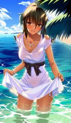 Rule 34 | 1girl, beach, black hair, blue sky, blush, breasts, brown eyes, cleavage, clothes lift, clothing cutout, cloud, collarbone, cowboy shot, dark-skinned female, dark skin, day, dress, dress lift, fate/grand order, fate/zero, fate (series), jewelry, large breasts, lifting own clothes, looking at viewer, ocean, official art, outdoors, parted lips, partially submerged, pendant, plant, ponytail, sand, sash, see-through silhouette, shirley (fate), short sleeves, shoulder cutout, sky, smile, solo, standing, tree, wading, water, white dress, yangsion