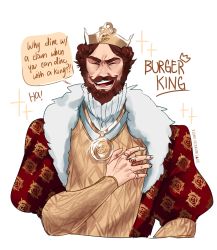 Rule 34 | 1boy, bad id, bad twitter id, beard, brown hair, burger king, cropped torso, crown, facial hair, highres, image sample, jewelry, laughing, male focus, mustache, necklace, ozumii, ring, simple background, smile, solo, the king, white background
