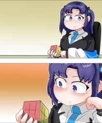 Rule 34 | 1girl, 2koma, arm support, blazer, blue archive, c/h, coat, comic, commentary, halo, head rest, highres, holding, jacket, long hair, long sleeves, mixed-language commentary, open clothes, open coat, parted lips, purple eyes, purple hair, rubik&#039;s cube, school uniform, sidelocks, silent comic, two side up, yuuka (blue archive)