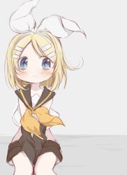 Rule 34 | 1girl, arm warmers, bad id, bad twitter id, black collar, black sleeves, blonde hair, blouse, blue eyes, blush, bow, collar, commentary, coronavirus pandemic, crop top, grey background, hair bow, hair ornament, hairclip, highres, hitode, kagamine rin, looking to the side, neckerchief, sailor collar, school uniform, shirt, short hair, short sleeves, sitting, solo, swept bangs, symbol-only commentary, vocaloid, white bow, white shirt, yellow neckerchief