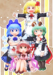 Rule 34 | 4girls, alternate costume, animal ears, antennae, apron, bird ears, bird wings, black dress, black footwear, black pantyhose, blonde hair, blue bow, blue eyes, blue hair, blush, bow, brown eyes, brown footwear, cirno, collared shirt, detached wings, dress, earrings, enmaided, fairy, fang, fangs, food, frilled apron, frills, green eyes, green footwear, green hair, hair bow, hair ribbon, highres, holding, holding tray, ice, ice wings, jewelry, long sleeves, maid, maid apron, maid headdress, matty (zuwzi), multiple girls, mystia lorelei, open mouth, outstretched arms, pantyhose, parfait, pink hair, pink shirt, red eyes, red footwear, red ribbon, ribbon, rumia, shirt, shoes, short hair, single earring, sleeve garter, smile, socks, spoon, spread arms, team 9 (touhou), touhou, tray, white apron, white socks, white wings, wings, wriggle nightbug