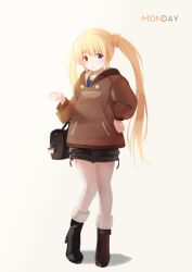 Rule 34 | 1girl, alternate costume, bag, black bag, black shorts, blonde hair, blue eyes, blush, boots, brown hoodie, casual, chestnut mouth, commentary request, eyelashes, eyes visible through hair, full body, fur-trimmed boots, fur trim, hair between eyes, hand on own hip, hand up, handbag, heterochromia, hood, hood down, hoodie, knees together feet apart, long hair, looking at viewer, nakatsu shizuru, open mouth, rewrite, shorts, simple background, solo, standing, tagame (tagamecat), twintails, very long hair, white background, white fur, yellow eyes