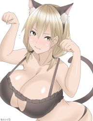 Rule 34 | 1girl, aizawa marimo, animal ears, black bra, black panties, blonde hair, blush, bra, breasts, cat cutout, cat ears, cat lingerie, cat tail, cleavage, cleavage cutout, clothing cutout, earrings, fake animal ears, flying sweatdrops, frilled bra, frills, frown, gyaru, headband, highres, huge breasts, jewelry, kogal, looking at viewer, low twintails, meme attire, nose blush, original, panties, paw pose, short hair, solo, strap gap, tail, tan, twintails, underwear, underwear only, yellow eyes
