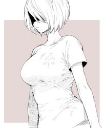 Rule 34 | 1girl, arm at side, black blindfold, blindfold, breasts, closed mouth, commentary request, greyscale, medium breasts, mellow rag, monochrome, nier (series), nier:automata, shirt, short hair, short sleeves, solo, white hair, white shirt, 2b (nier:automata)