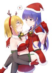 Rule 34 | 2girls, absurdres, belt, black belt, black gloves, black thighhighs, blonde hair, blue hair, blunt bangs, blush, breast press, breasts, capelet, christmas, cleavage, collarbone, commentary request, dconan owo, elbow gloves, fake antlers, frilled capelet, frilled footwear, frilled gloves, frilled headwear, frilled skirt, frills, furude rika, gloves, hat, heart, highres, higurashi no naku koro ni, hime cut, holding, holding leash, houjou satoko, leash, leash pull, long hair, medium breasts, multiple girls, open mouth, pink eyes, purple eyes, red capelet, red footwear, red gloves, red headwear, red skirt, santa costume, santa hat, short hair, sidelocks, simple background, skirt, small breasts, smile, straddling, thighhighs, upright straddle, white background, yuri