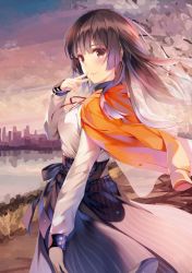 Rule 34 | 1girl, blue skirt, bow, branch, brown eyes, brown hair, building, closed mouth, dress, hair blowing, hand to own mouth, highres, huge filesize, jacket, jewelry, katou hiromi (saekano), long skirt, misaki kurehito, mole, mole under mouth, orange jacket, outdoors, red ribbon, reflection, ribbon, ring, saenai heroine no sodatekata, shirt, skirt, smile, solo, standing, striped clothes, striped skirt, tree, vertical-striped clothes, vertical-striped skirt, waist bow, wedding ring, white shirt, wind