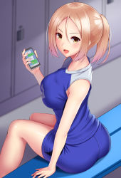 Rule 34 | 1girl, :d, blood, blood in hair, blue shirt, blue shorts, breasts, cellphone, gym uniform, hair between eyes, holding, holding phone, huyumitsu, indoors, large breasts, locker, locker room, long hair, open mouth, original, phone, ponytail, shirt, short shorts, shorts, sitting, sleeveless, sleeveless shirt, smartphone, smile, solo, sportswear, volleyball uniform, yellow theme