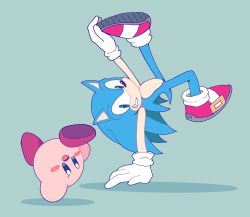 Rule 34 | 1boy, absurdres, animal ears, animal nose, aqua background, arm up, blue eyes, blue fur, blue hair, blush, blush stickers, body fur, breakdance, cosplay, crossover, dancing, flat color, furry, furry male, gloves, green eyes, grin, happy, highres, kirby, kirby (series), leg up, long hair, looking at viewer, male focus, miwa (ahyuck), nintendo, open mouth, outstretched arms, red footwear, shoes, simple background, smile, socks, solid oval eyes, sonic (series), sonic the hedgehog, sonic the hedgehog (cosplay), spiked hair, spread legs, tail, teeth, two-tone fur, uneven eyes, upside-down, white gloves, white legwear