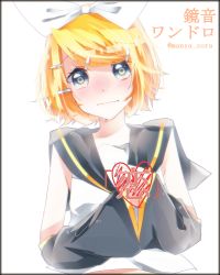 Rule 34 | 1girl, black sailor collar, black sleeves, blonde hair, blue eyes, blush, bow, closed mouth, collared shirt, detached sleeves, embarrassed, hair bow, hair ornament, hairclip, heart, heart on chest, kagamine rin, long sleeves, looking at viewer, manya sora, sailor collar, sailor shirt, shirt, short hair, simple background, sleeveless, sleeveless shirt, solo, swept bangs, twitter username, upper body, vocaloid, white background, white bow, white shirt