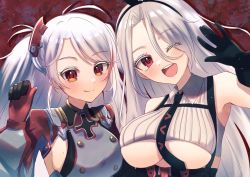 Rule 34 | 2girls, ;d, absurdres, antenna hair, azur lane, black gloves, black necktie, breasts, buttons, colored eyelashes, crop top, double-breasted, eyes visible through hair, gloves, grey jacket, headgear, highres, jacket, junineu, large breasts, looking at viewer, mole, mole on breast, mole under eye, multicolored hair, multiple girls, necktie, one eye closed, open mouth, orange eyes, prinz eugen (azur lane), prinz heinrich (azur lane), red gloves, red hair, ribbed shirt, shirt, sleeveless, sleeveless shirt, smile, streaked hair, two-tone gloves, two-tone hair, underboob, upper body, white hair