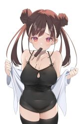 Rule 34 | 1girl, absurdres, armpit crease, black camisole, black thighhighs, blush, breasts, brown hair, camisole, cleavage, cleavage cutout, clothing cutout, collarbone, double bun, hair bun, highres, hiiragi ken, ice cream bar, idolmaster, idolmaster shiny colors, large breasts, looking at viewer, mouth hold, open clothes, open shirt, red eyes, simple background, solo, sonoda chiyoko, sweatdrop, thighhighs, twintails, white background