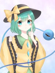 Rule 34 | 1girl, bad id, bad twitter id, black hat, blue eyes, blush, bow, closed mouth, commentary request, expressionless, eyeball, frilled shirt collar, frills, gradient background, green hair, green skirt, hat, hat bow, highres, index finger raised, komeiji koishi, light blue background, long sleeves, looking at viewer, piyoru nico, shirt, short hair, simple background, skirt, sleeves past wrists, solo, third eye, touhou, upper body, wide sleeves, yellow bow, yellow shirt