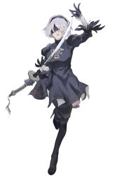 Rule 34 | 1girl, absurdres, android, blindfold, boots, elbow gloves, fur trim, gloves, grey hair, hairband, high heel boots, high heels, highres, legs, mole, mole under mouth, nier (series), nier:automata, short hair, solo, sword, thighhighs, weapon, weapon on back, white hair, 2b (nier:automata)