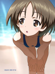 Rule 34 | 1girl, beach, bent over, blue one-piece swimsuit, blush, breasts, brown eyes, brown hair, female focus, girls und panzer, highres, maruyama saki, naotosi, one-piece swimsuit, open mouth, outdoors, short hair, sky, small breasts, solo, swimsuit