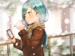 Rule 34 | 10s, 1girl, alternate costume, aqua eyes, aqua hair, baffu, breath, brown coat, can, cellphone, closed mouth, coat, enpera, from side, hair ornament, hairclip, highres, holding, holding can, holding phone, kantai collection, long hair, long sleeves, looking away, outdoors, phone, plaid, plaid scarf, scarf, smile, snowing, solo, suzuya (kancolle), swept bangs, tree, upper body, winter clothes