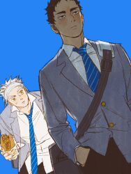 Rule 34 | 2boys, akaashi keiji, bag, black bag, black eyes, black hair, black pants, blue background, blue necktie, bokuto koutarou, chengongzi123, closed mouth, collared shirt, commentary, food, haikyuu!!, hand in pocket, hand up, highres, holding, holding food, looking at another, male focus, multicolored hair, multiple boys, necktie, pants, school uniform, shirt, short hair, shoulder bag, simple background, slit pupils, standing, streaked hair, striped necktie, symbol-only commentary, thick eyebrows, upper body, very short hair, white hair, white shirt, yellow eyes
